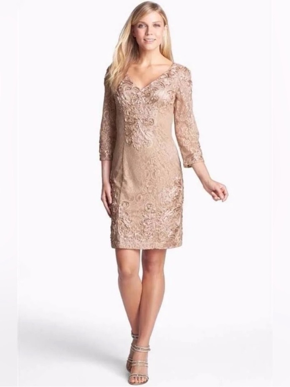 NWT Sue Wong Ribbon Lace 3/4 Sleeve V-Neck Dress Neutral Tan Beige
